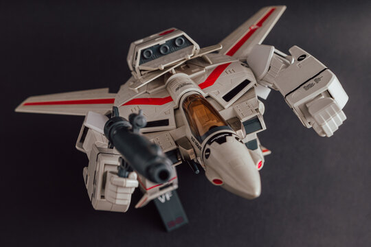 LULEA SWEDEN February 11, 2023: Vintage action figure from Japanese animated TV-series "Macross" (Robotech). This model is a "Variable Fighter VF-1J Valkyrie". Popular collector's toy made by BANDAI.