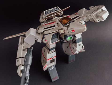 LULEA SWEDEN February 11, 2023: Vintage action figure from Japanese animated TV-series "Macross" (Robotech). This model is a "Variable Fighter VF-1J Valkyrie". Popular collector's toy made by BANDAI.