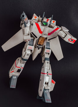 LULEA SWEDEN February 11, 2023: Vintage action figure from Japanese animated TV-series "Macross" (Robotech). This model is a "Variable Fighter VF-1J Valkyrie". Popular collector's toy made by BANDAI.