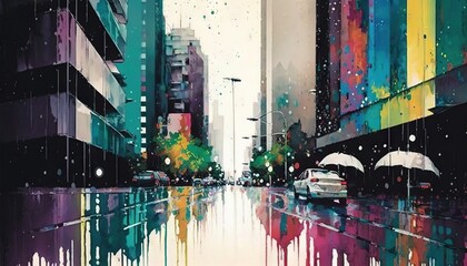  a painting of a city street with buildings and cars with umbrellas in the rain, with a rainbow - hued cityscape.  generative ai