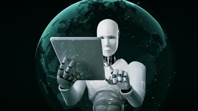 Futuristic robot artificial intelligence huminoid AI programming coding technology development and machine learning concept. Robotic bionic science research for future of human life. 3D rendering.