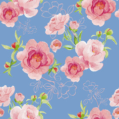 seamless background with roses. Watercolor illustration. 