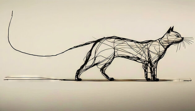  a drawing of a cat made out of wire on a white surface with a black cat on the left side of the picture and a black cat on the right side of the picture.  generative ai