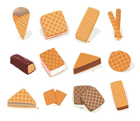Waffle shapes. Cartoon wafer biscuits and cakes different forms, delicious sweet roasted snack, tasty crispy bakery food flat style. Vector isolated set