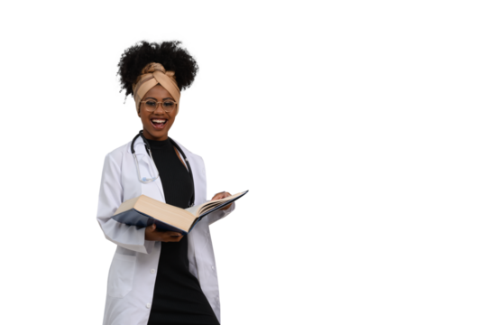  young woman medical student with textbooks looks at camera and smiles. 