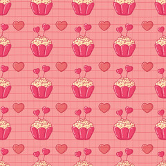 Vector romantic love pink background with cake and hearts. Happy Valentine's Day. Design for kitchen, cozy cafe. Pink pastel design with hearts, template for website, fabric print, card, gift wrap.