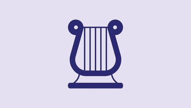 Blue Ancient Greek lyre icon isolated on purple background. Classical music instrument, orhestra string acoustic element. 4K Video motion graphic animation