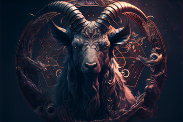 Capricorn zodiac sign astrological background. The goat horned horoscope sign. Astrology theme. High quality ai generated illustration.
