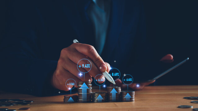 Fund Trading Concept. Businessman Planning Long-term Investments, Buying DCA Mutual Funds, Analyzing Economic Trends, Stock Market Volatility, Taking High Investment Risks. Fund Management, Coins.