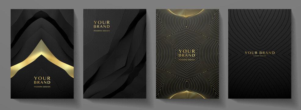 Contemporary technology cover design set. Luxury black background with gold black line pattern (guilloche curves). Premium golden vector tech backdrop for formal business template, digital certificate