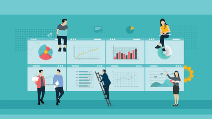 Flat illustration of business, office workers are studying the infographic, creative teamwork with dashboard. Data analysis, and office situations