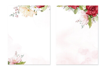 Set of card templates with watercolor colorful roses on pink stains