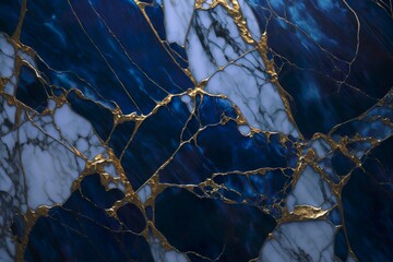 Polished blue marble with gold veins. Abstract background texture.