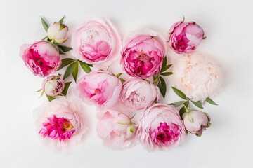 Obraz na płótnie Canvas Peony Flower Background - Assorted shades of pink peony blooms against a classic white backdrop - Generative AI technology