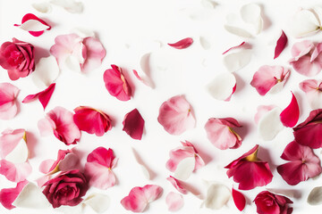 Rose Petal Background - Pink, red and white rose petals against a pure white backdrop - Generative AI technology