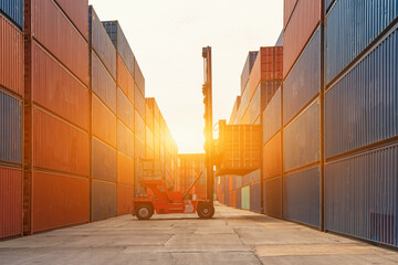 The transportation of cargo with containers inside the warehouse. Container in export and import business and logistics.