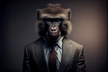 Portrait of a baboon dressed in a formal business. High quality photo. Ai generated illustration.