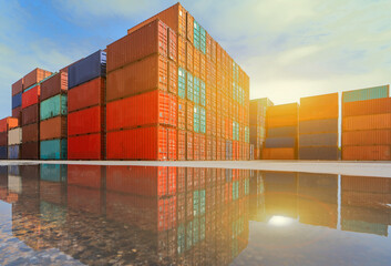 The transportation of cargo with containers inside the warehouse. Container in export and import business and logistics.