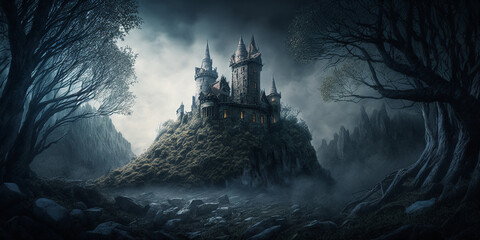 Fantasy dark castle in the wood