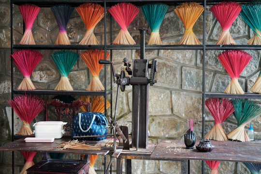 Traditional Colorful Vietnamese Incense Sticks in Imperial Royal Palace of Nguyen dynasty in Hue, Vietnam