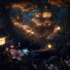 cute fairy's village in the forest at night, Generative AI