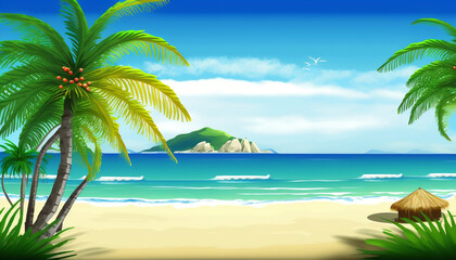 Fototapeta na wymiar Landscape Sunny day, blue sky and beach, palms and sea vacation summer concept generated by AI