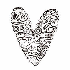 Vector illustration of a collection of pastries and bread in the shape of a heart, hand-drawn in the style of a doodle