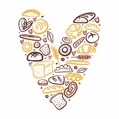 A collection of heart-shaped bread pastries hand-drawn in the style of a doodle
