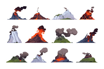 Volcano collection. Rock exploding with magma, smoke and ashes, volcanic mountains crater explosion with lava and dust, geothermal eruption. Vector set © Tartila