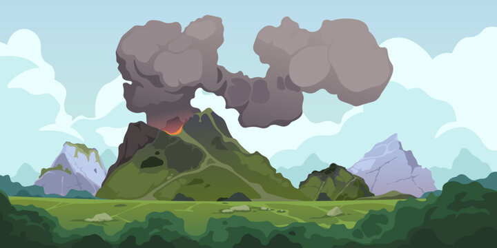 Volcanic eruption background. Nature landscape with active volcano eruption, lava flow and smoke, mountain fiery top with crater and magma. Vector illustration