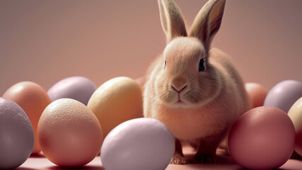 Fototapeta na wymiar Cute easter bunny and many eggs. Pastel color. Generative ai