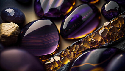 Elegant background design with beautiful purple and golden agate stones, gem stone macro closeup. Suitable for use in various design projects, poster, wallpaper etc. Generative AI.