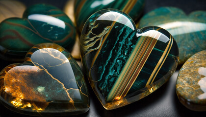 Elegant background design with beautiful heart shaped agate stones, gem stone macro closeup. Suitable for use in various design projects, poster, wallpaper, valentines day etc. Generative AI. - obrazy, fototapety, plakaty