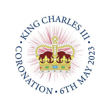 Vector fictional symbol, icon or sticker. Circle lettering, Charles III coronation 6th May 2023. Crown in red thin rays on a white background.