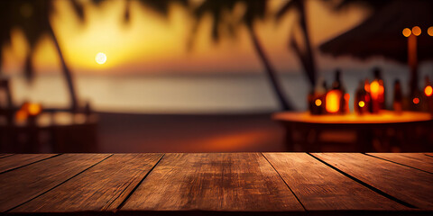 Empty wooden table top product display showcase stage. Tropical summer sunset beach bar background. Generative ai