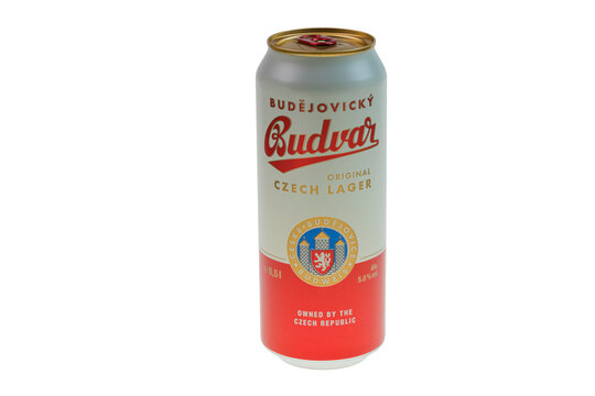 Close up view of can of Czech beer Budvar isolated on white background. Sweden.