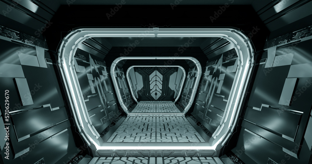 Poster 3d rendering. spaceship or laboratory corridor in bright light. high tech. futuristic design.