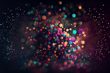 Festive golden dust, glitter background. Colorful blue and orange light. Copy space for art party project. Abstract sparkles shining, beautiful texture, bokeh. High quality ai generated illustration