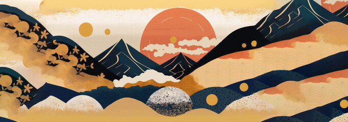 Golden mountain lanscape arts vector. Oriental Japanese style abstract with golden texture, design for canvas, wall framed prints, poster, cover, home decor, luxury art wallpaper. Generative AI