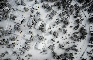 Drone aerial scenery of mountain snowy forest landscape with cottage holiday houses covered in snow. Troodos Cyprus Europe