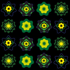 Vector geometric seamless pattern with Stars And Circles in shape of flowers on black background