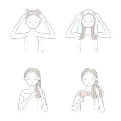 Flat illustration of a woman shampoo her hair.