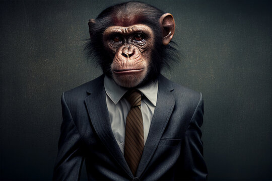 portrait a monkey in a suit,illustration of a monkey's head in a business tuxedo, a monkey manages the business, ai generated