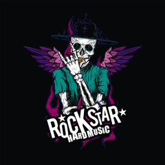 Original vector illustration. A skeleton with a hat and wings on his back. T-shirt design.