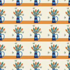 Fototapeta na wymiar Vector seamless floral pattern, texture with blue vases with a bouquet of flowers on a light background