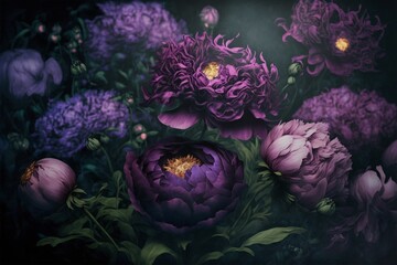 Epic purple peonies in the garden, atmospheric, hyper realistic creative image, greetings card background - Generative AI
