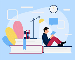 Education and personal growth concept. Self development concept. Goal achieving. Man with book. Library. World Book Day.