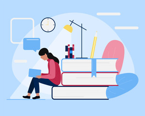 Self development illustration. Education and personal growth concept. Self-learning, distance learning. Library. World Book day. Girl reading a book. Modern flat cartoon style.