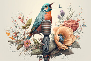 Generative AI of a bird singing into a retro microphone. Music festival or contest concept. 