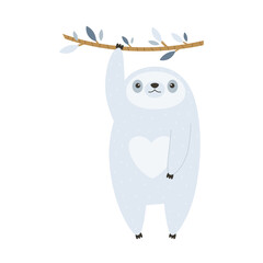 Vector illustration of a cute sloth hanging on a tree. Funny tropical animal character, mascot.